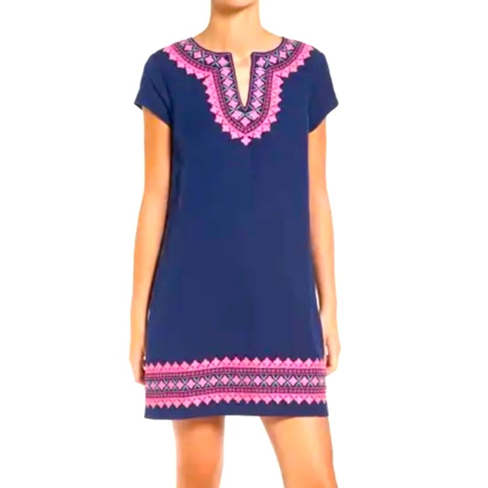 VINEYARD VINES Navy & Hot Pink Embroidered Shift Dress | Size 00